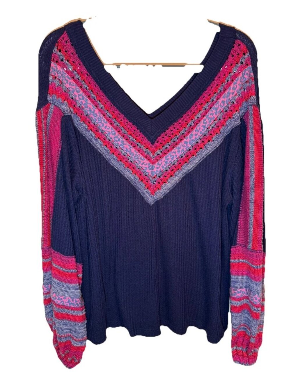 Free People Copenhagen Thermal Top Double V- Neck Size Large Navy Combo Boho